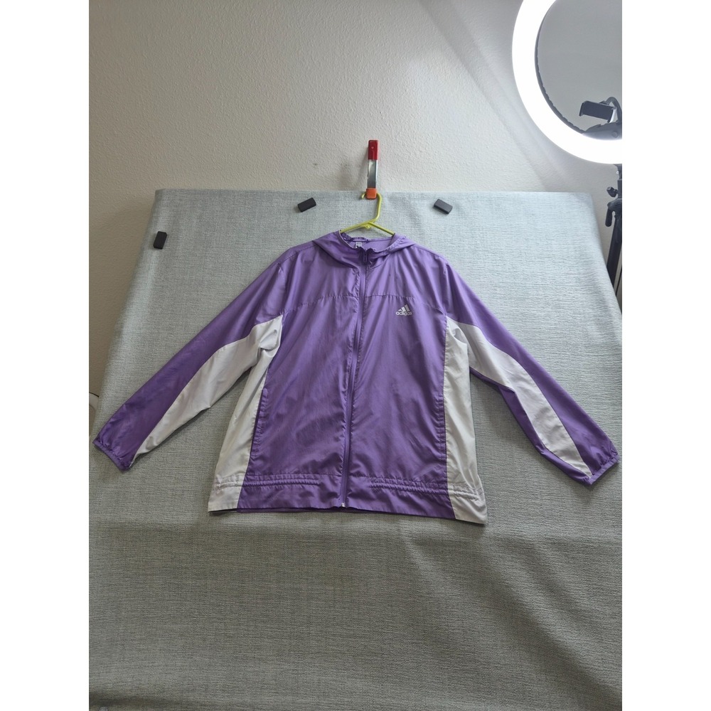 Adidas Windbreaker Jacket Women XL Purple White Graphic Logo Waterproof Full Zip